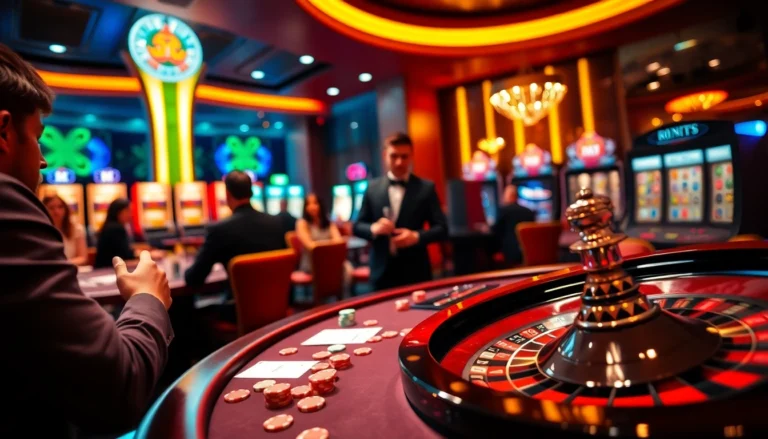 Poker players enjoy thrilling action at https://okadabooks.com/ casino, with vibrant chips and a roulette wheel in action.