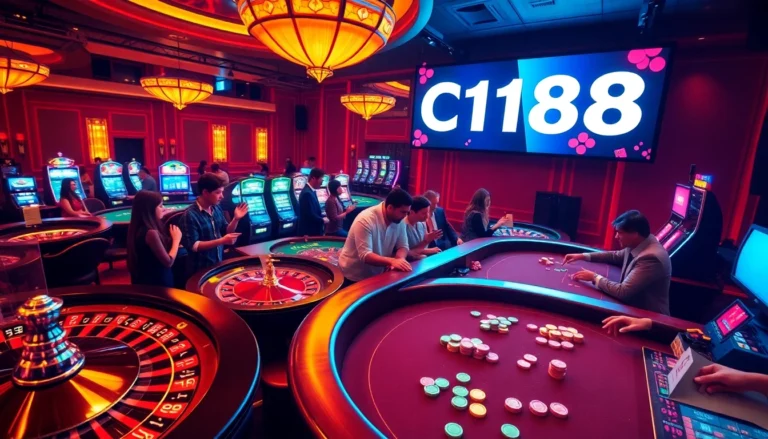 Experience an exciting poker table at C168 casino, showcasing vibrant colors and lively players enjoying the thrill of gambling.
