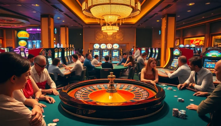 Players engage in the vibrant casino atmosphere at uu88, featuring roulette and slot machines in action.