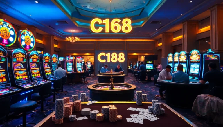 The C168 VIP Room in a vibrant casino features lively poker games, slot machines, and a roulette table.