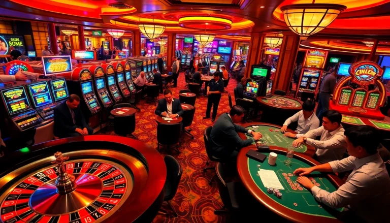 Engaging scene of a casino with roulette tables and gambling action at https://uu88.ngo/ emphasizing excitement and winnings.