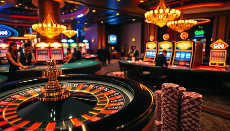 Experience the thrill of Go8 at the casino, featuring vibrant roulette wheels and excited players.