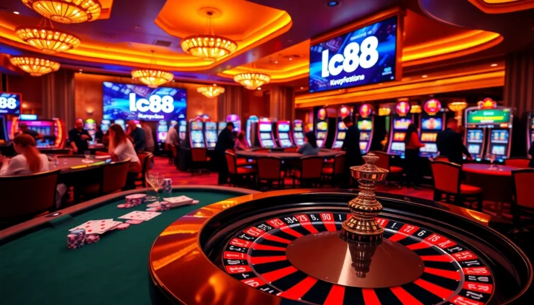 lc88 branding visible on a digital banner in a lively casino scene featuring roulette and poker games.