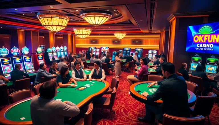 Experience the excitement of playing at OKFUN Casino with engaged players in a vibrant poker room.