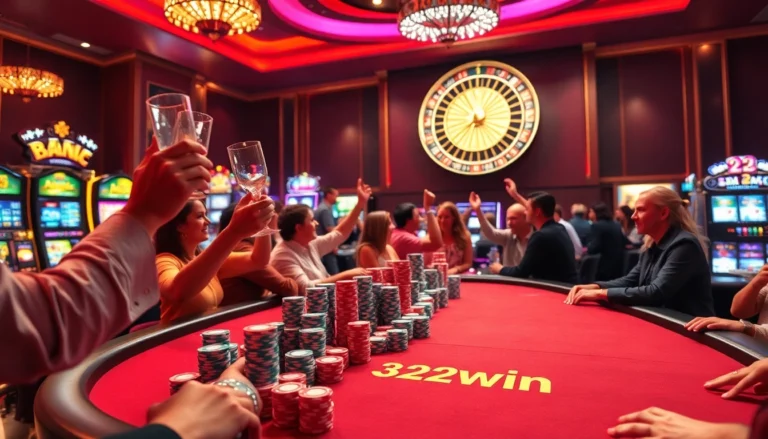 Experience the thrill of winning at 32win’s vibrant poker table surrounded by excited gamblers.
