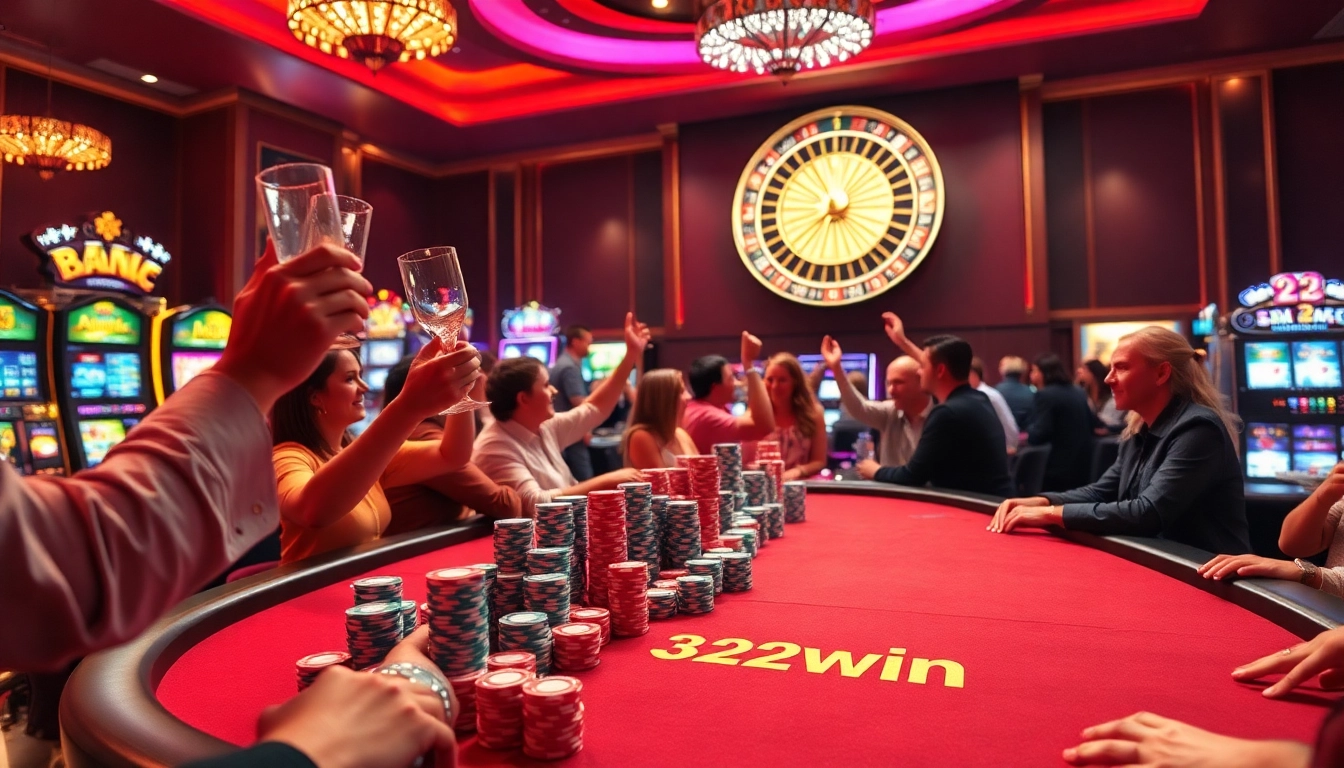 Experience the thrill of winning at 32win’s vibrant poker table surrounded by excited gamblers.