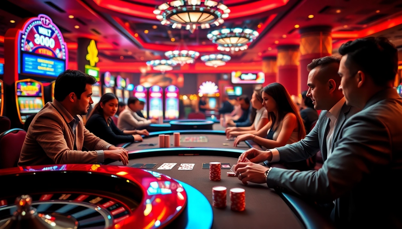 New88 casino scene showing excited players at blackjack and poker tables with vibrant atmosphere.