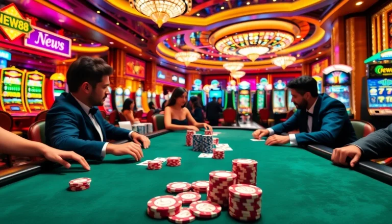 Experience the excitement of New88 casino as players engage in thrilling poker games with vibrant chips and cards.